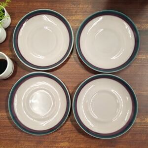 Pfaltzgraff Juniper Saucers Set of 4 Stoneware Cream Teal Plum Band Vintage USA